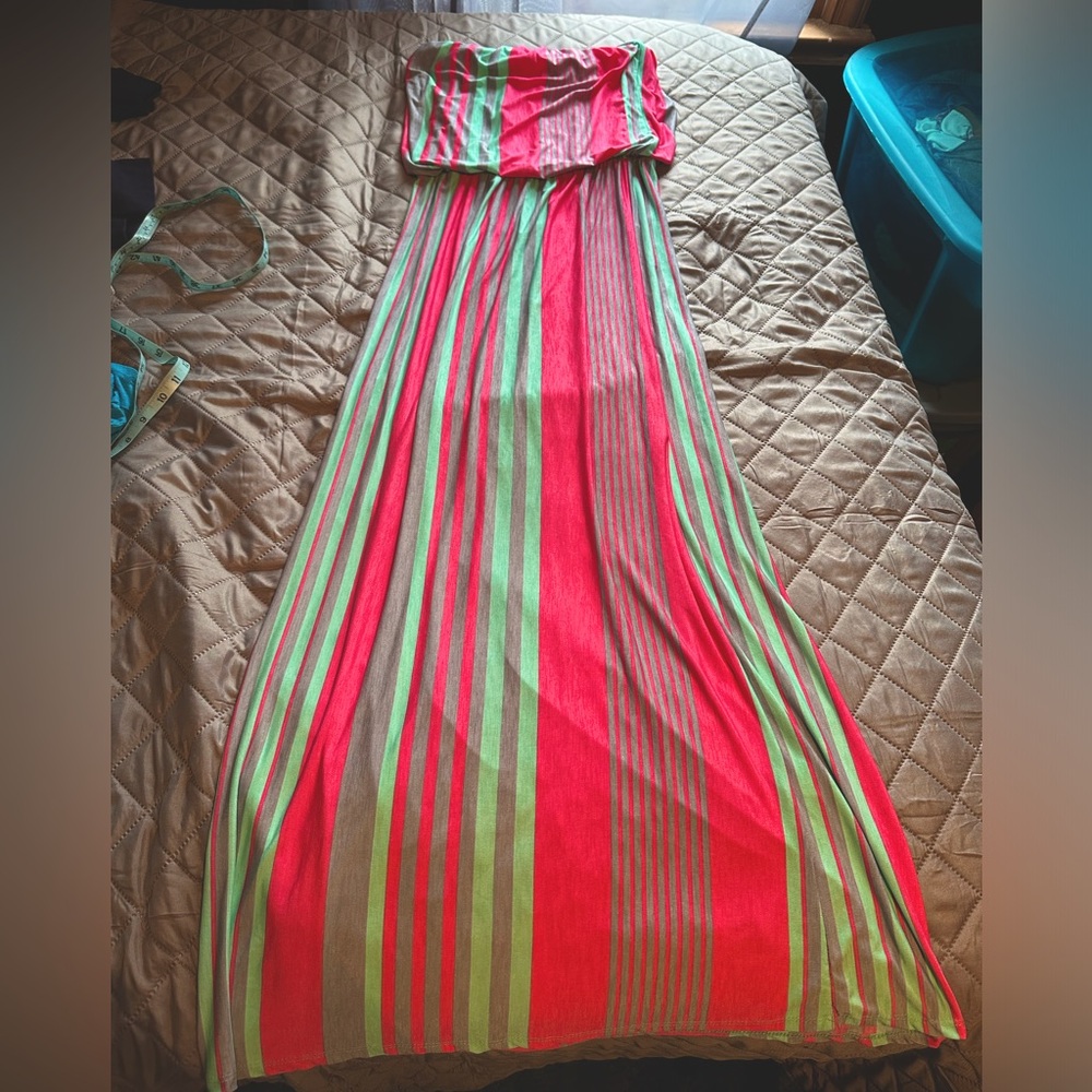 Vestique Strapless Striped Maxi Dress Pink Mint Size Large